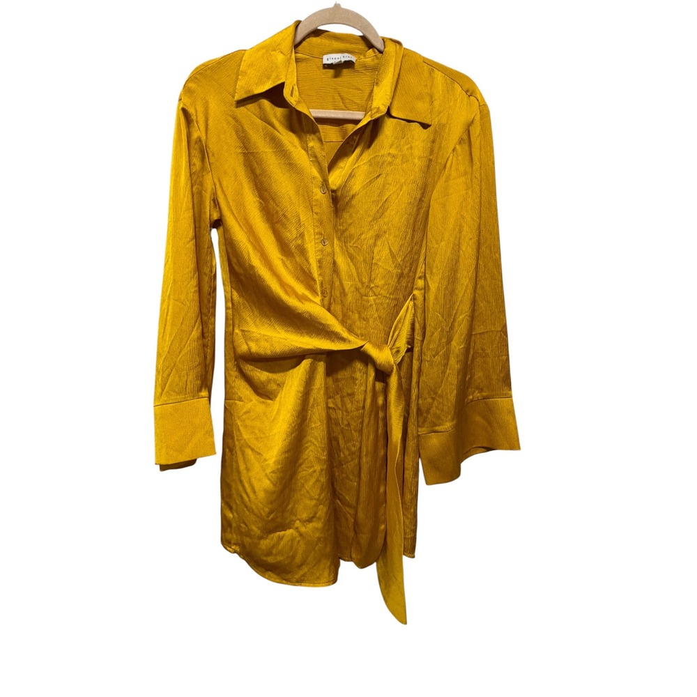 Gianni Bini Satin Shirt Dress XS Mustard Gold Tie Waist Long Sleeve